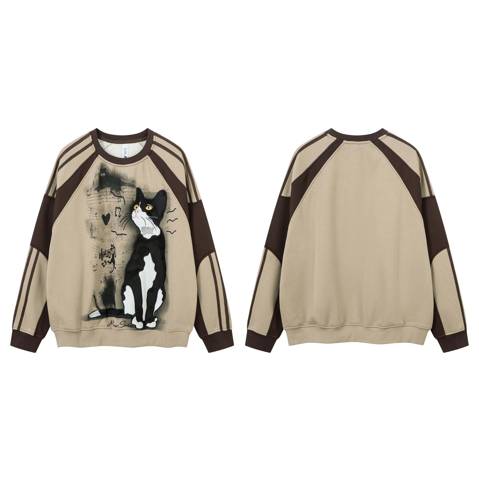 Sweat-shirt motif chat en smoking avec imprimé note de musique et manches raglan color block