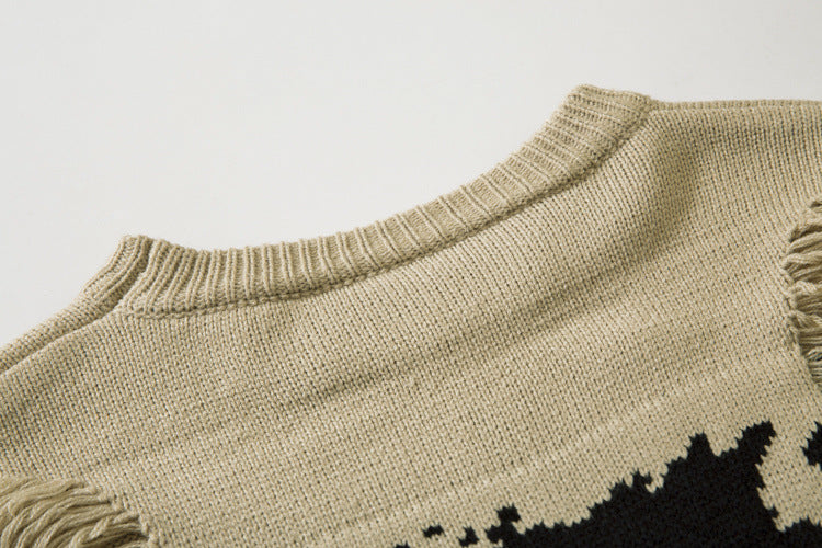 Distressed Knit Sweater with Face Graphic Print and Fringe Holes – American