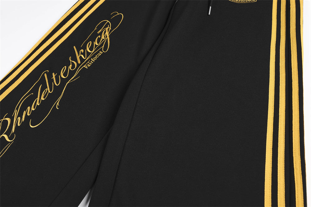 Wide-Leg Track Pants with Gold Side Stripes & Crest Embroidery