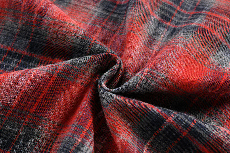 Long Sleeve Button Shirt – Plaid Patchwork Graphic Print Oversized Flannel