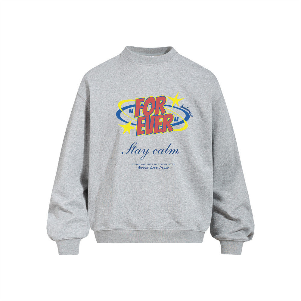 Oversized crewneck sweatshirt with retro Forever believe graphic print in heather grey colorway