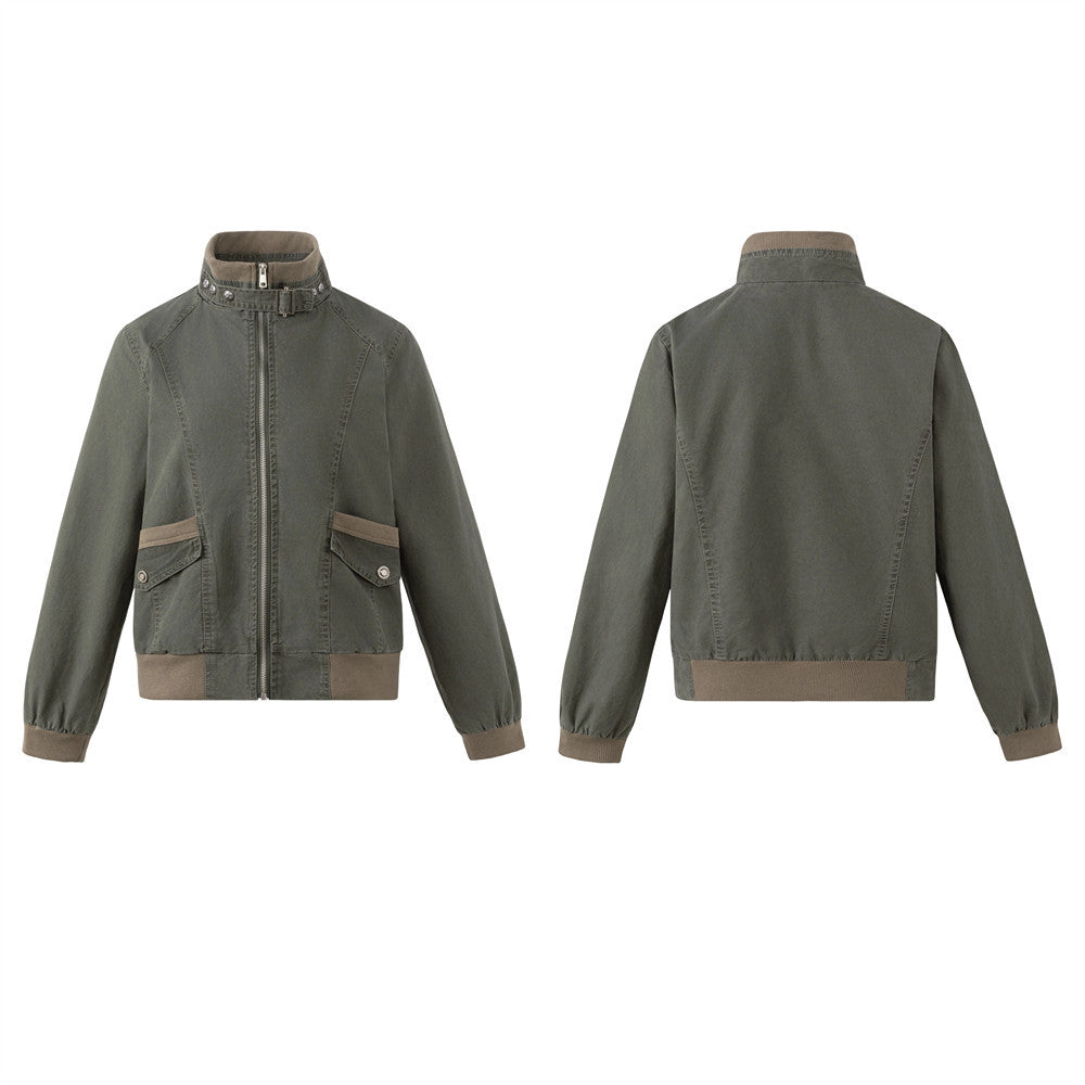 Men's Army Green Vintage Workwear Bomber Jacket – Stand Collar, Zip-Up, Ribbed