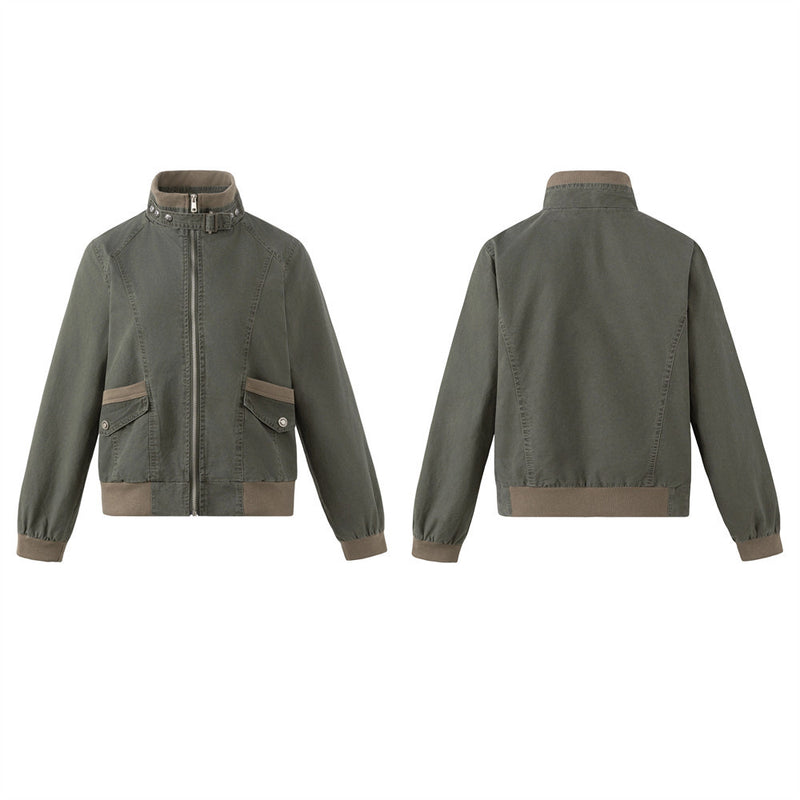 Men's Army Green Vintage Workwear Bomber Jacket – Stand Collar, Zip-Up, Ribbed