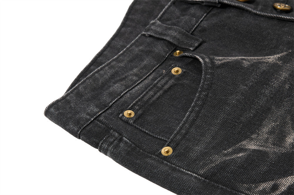 Men's Bell Bottom Jeans – Black Acid Wash Flare Leg with Lace-Up Hem & Button