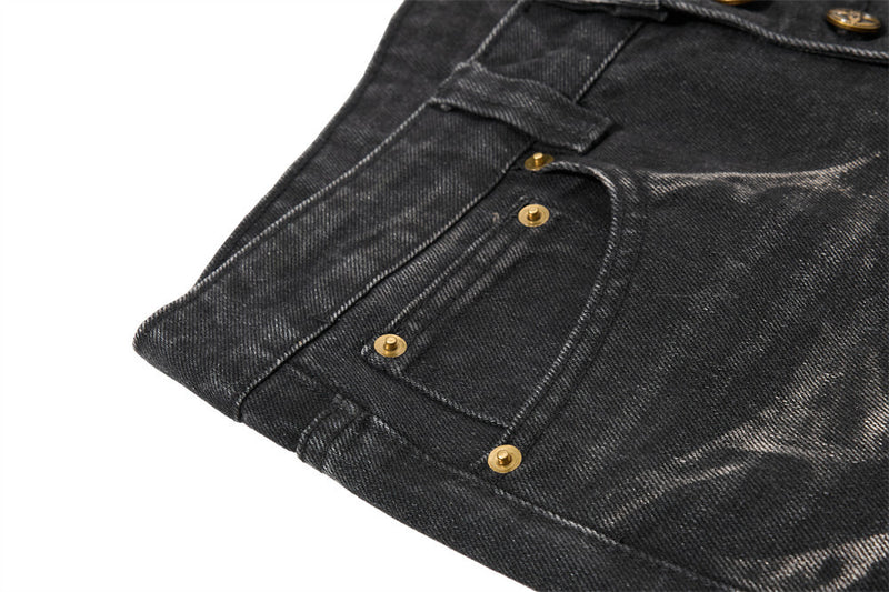 Men's Bell Bottom Jeans – Black Acid Wash Flare Leg with Lace-Up Hem & Button
