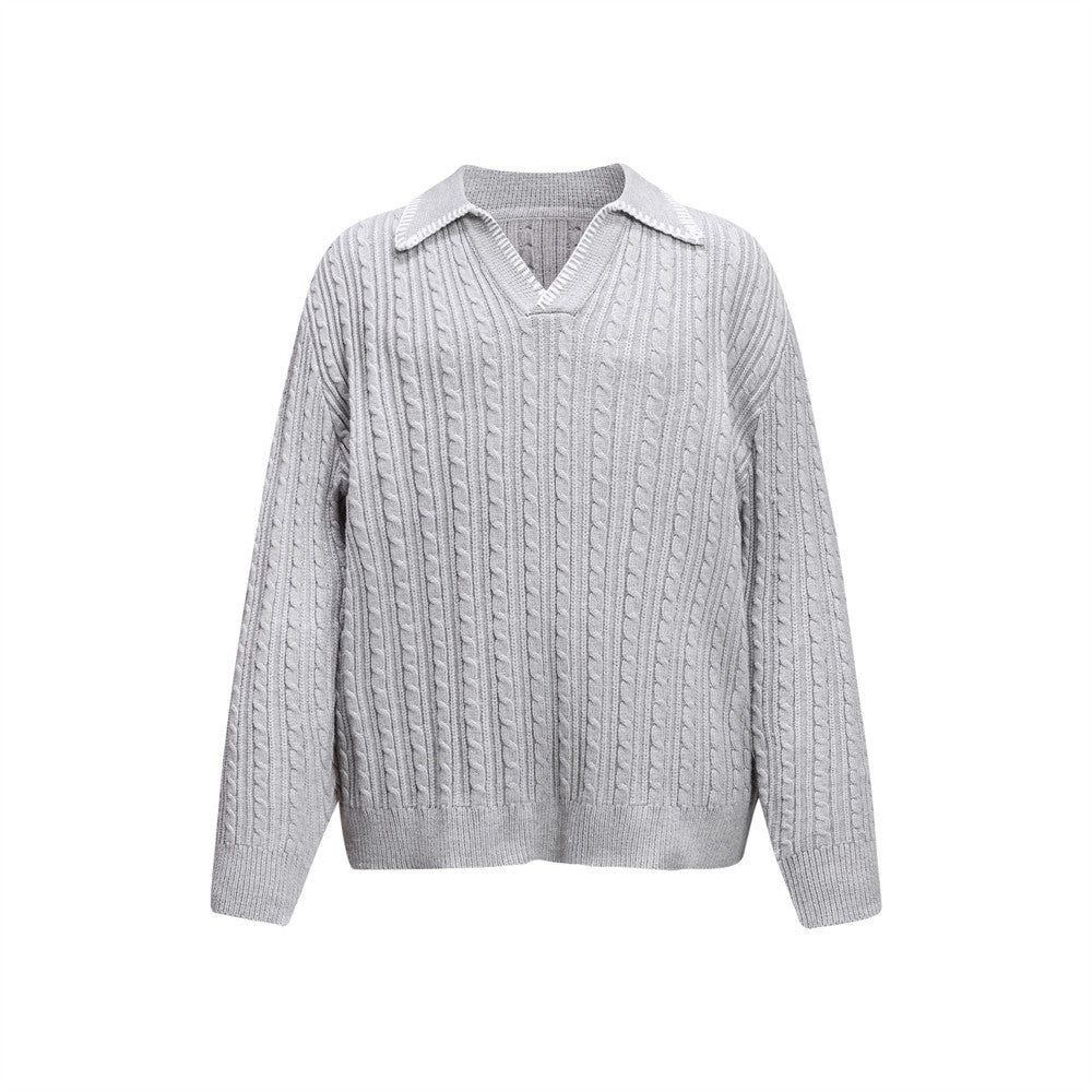 Oversized V-Neck Sweater – Cable Knit Polo Collar Long Sleeve Pullover