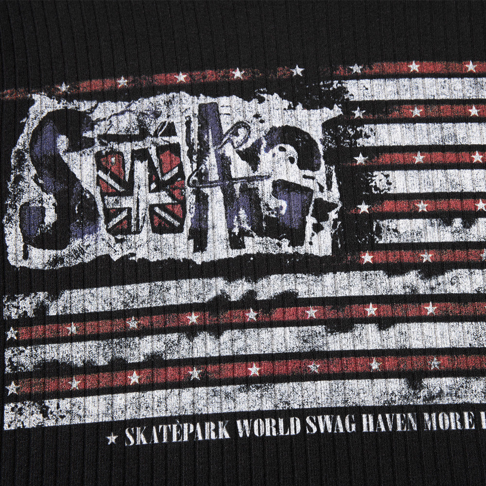 Men's Black Ribbed Long-Sleeve Sweatshirt with Distressed American Flag Graphic