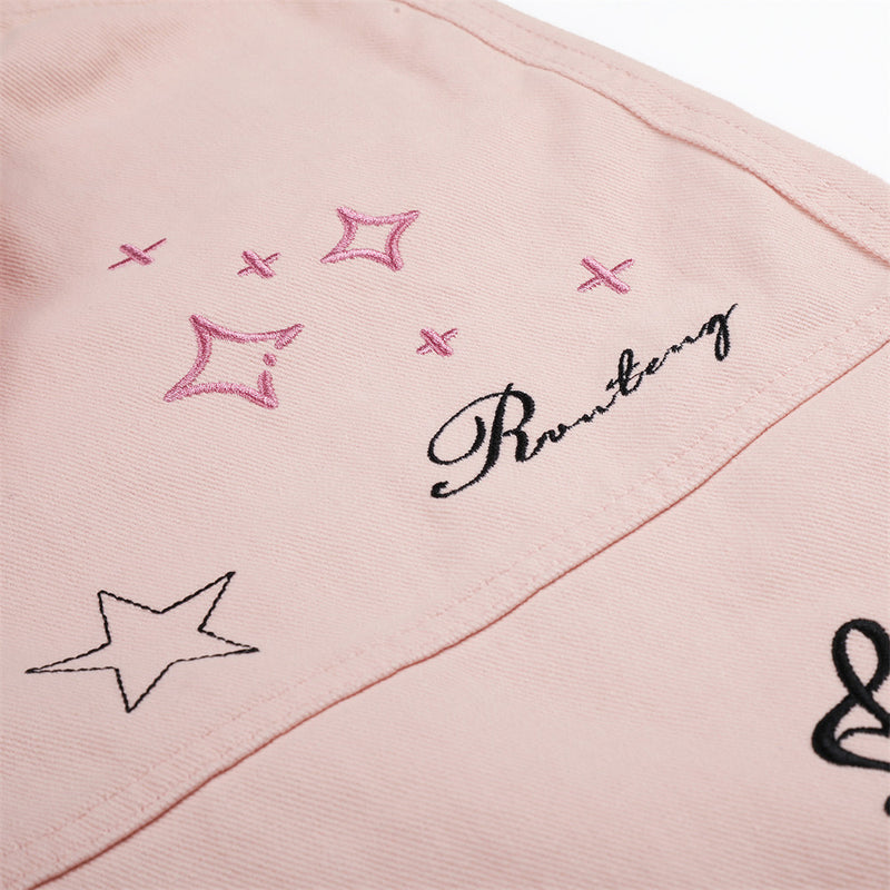 Cartoon Embroidery Wide-Leg Shorts with Plaid Tie Detail