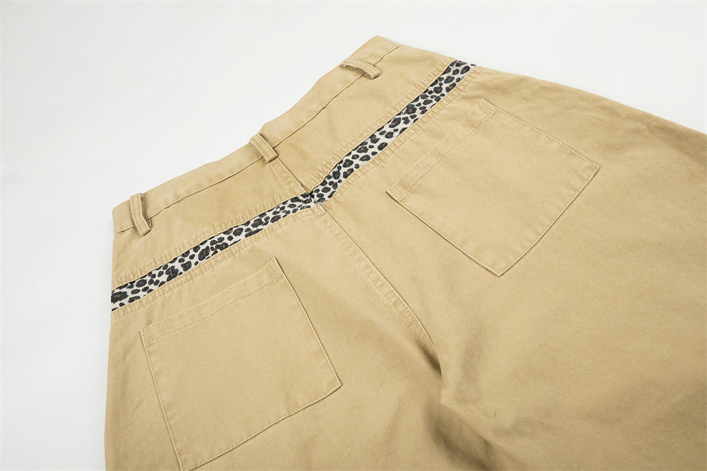 Wide-Leg Baggy Pants with Curved Hem, Leopard Trim & Carabiner Detail