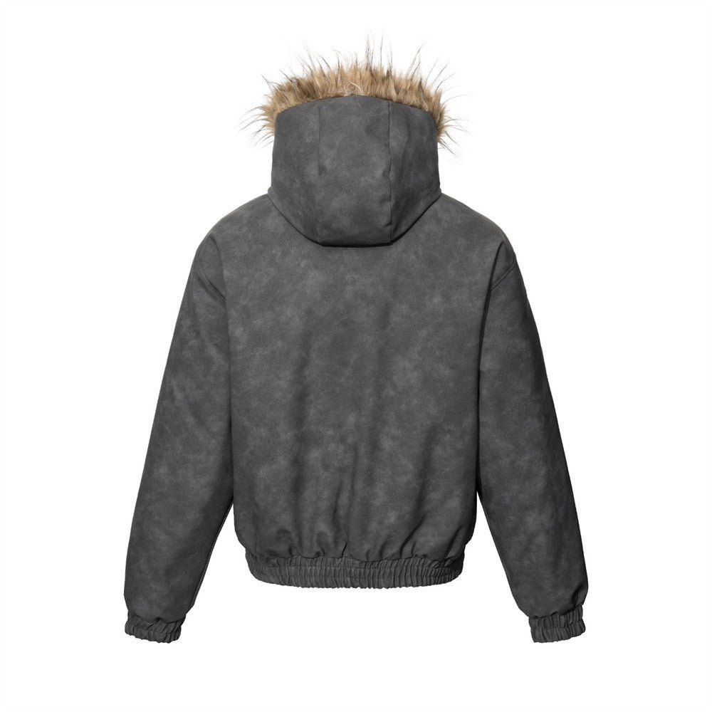 Chaqueta Bomber de Piel Sintética PU Desgastada con Capucha, Ribete de Pelo Sintético y Tachuelas Doradas
