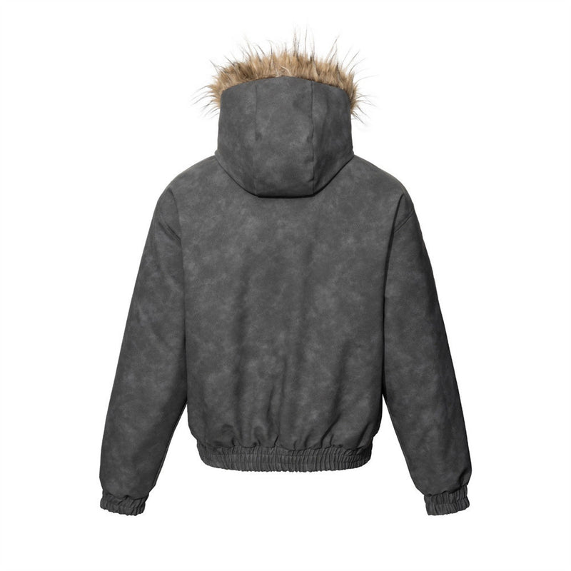 Chaqueta Bomber de Piel Sintética PU Desgastada con Capucha, Ribete de Pelo Sintético y Tachuelas Doradas