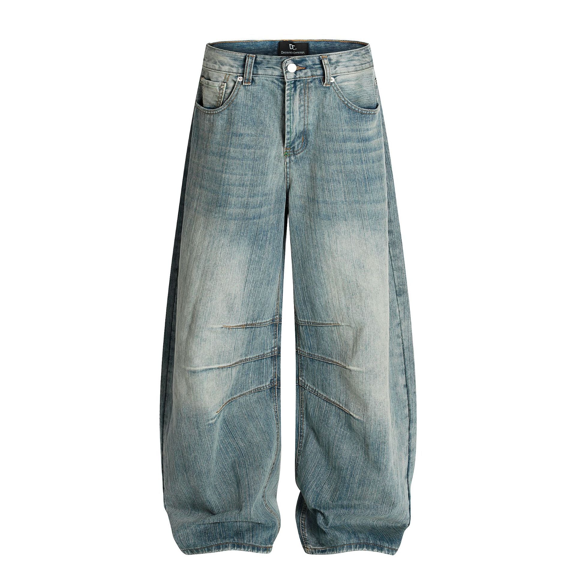 Hellblaue Baggy-Jeans für Herren mit weitem Bein, Vintage-Waschung und geschwungenen Nahtdetails, Vorder- und Rückansicht