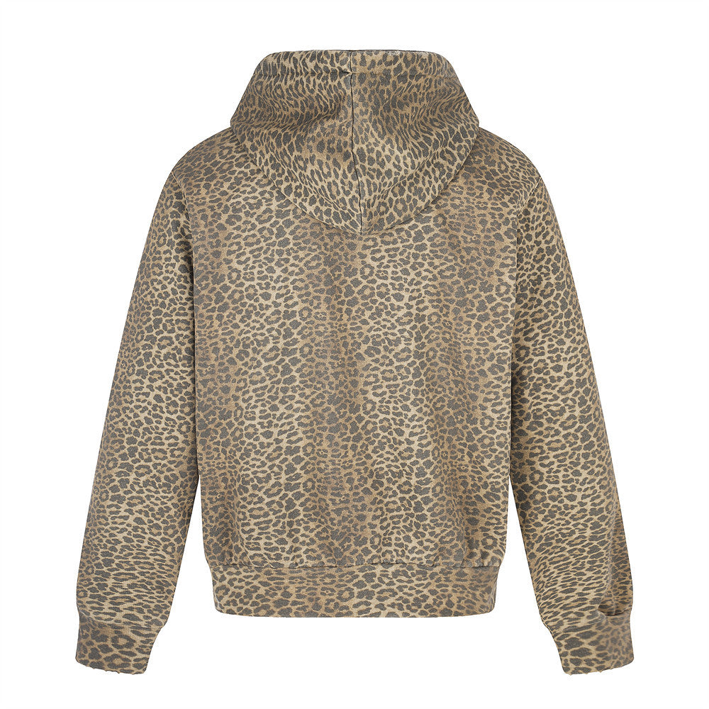 Leopard Print Zip-Up Hoodie with Distressed Letter Embroidery
