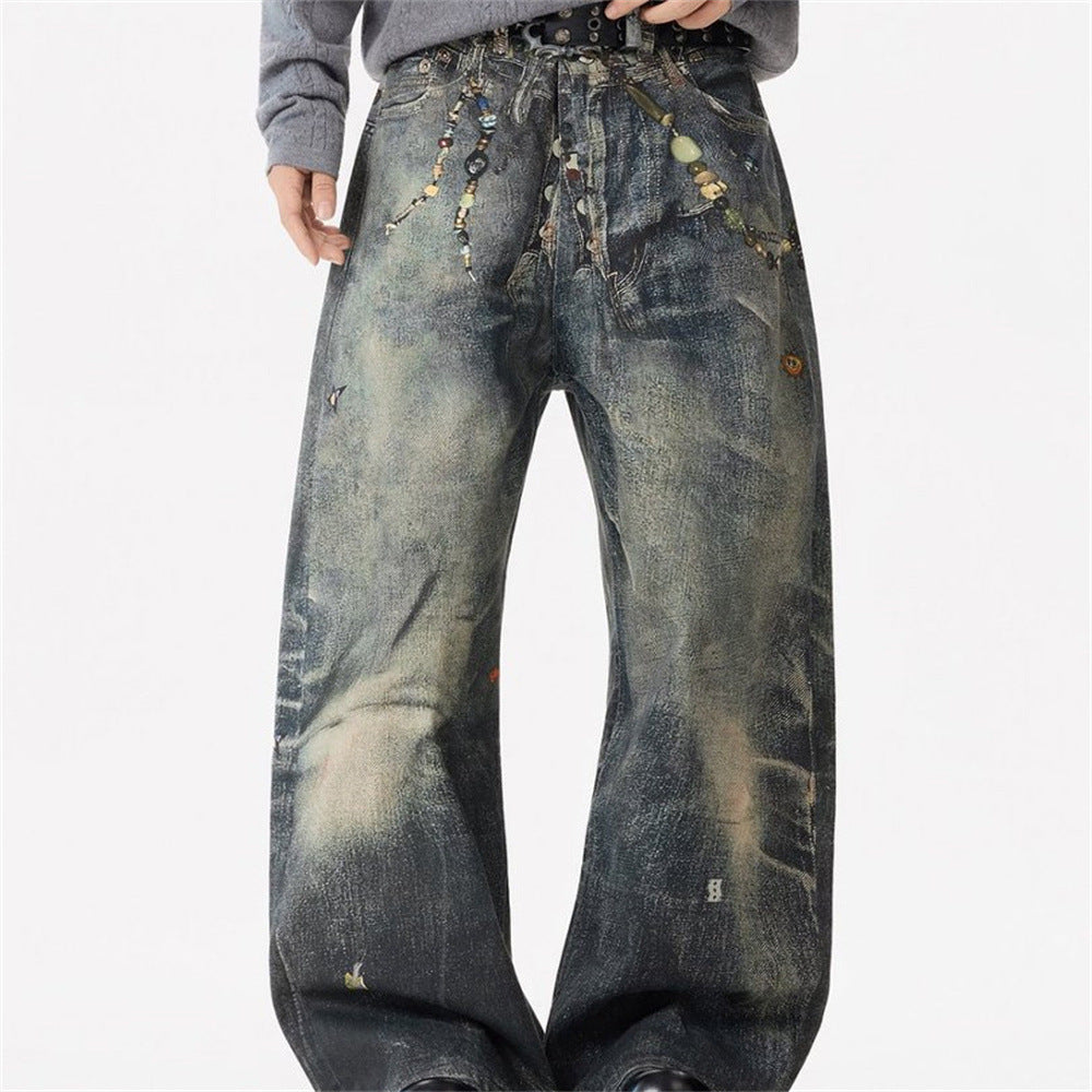 Wide-Leg Jeans with Chain & Bead Embellishments – Vintage Dirty-Wash Punk Denim