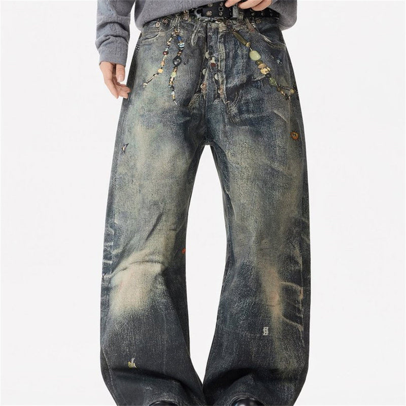 Wide-Leg Jeans with Chain & Bead Embellishments – Vintage Dirty-Wash Punk Denim