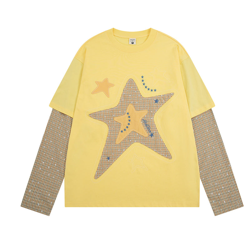 Langarmshirt mit Sternen-Applikation, Faux-Layering und karierten Kontrastärmeln