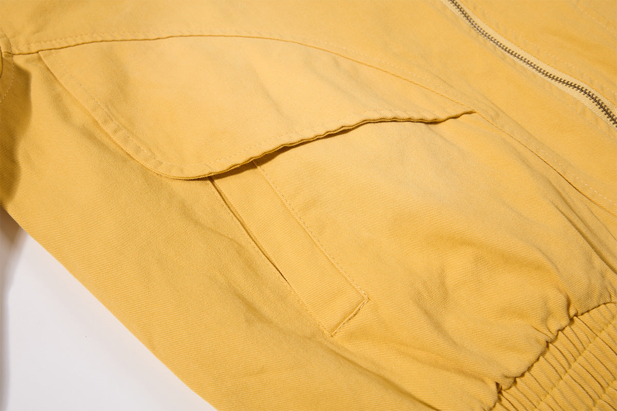 Retro American Washed Zip-Up Jacket with Corduroy Collar