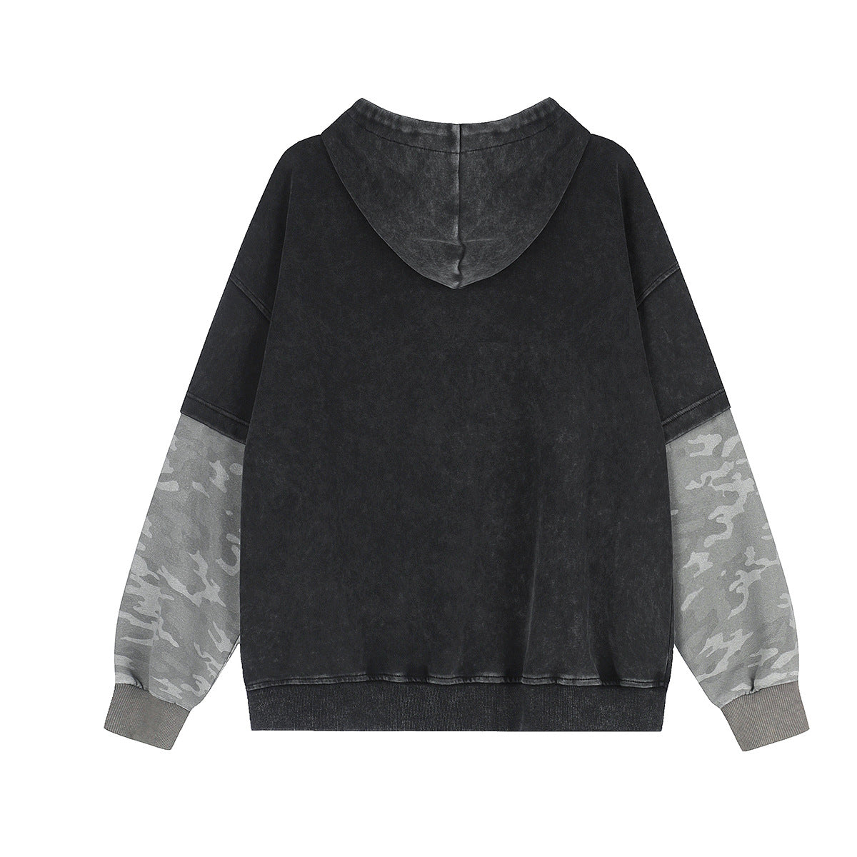 Acid Wash Zip-Up Hoodie with Camo Sleeves and Embroidered Graphic