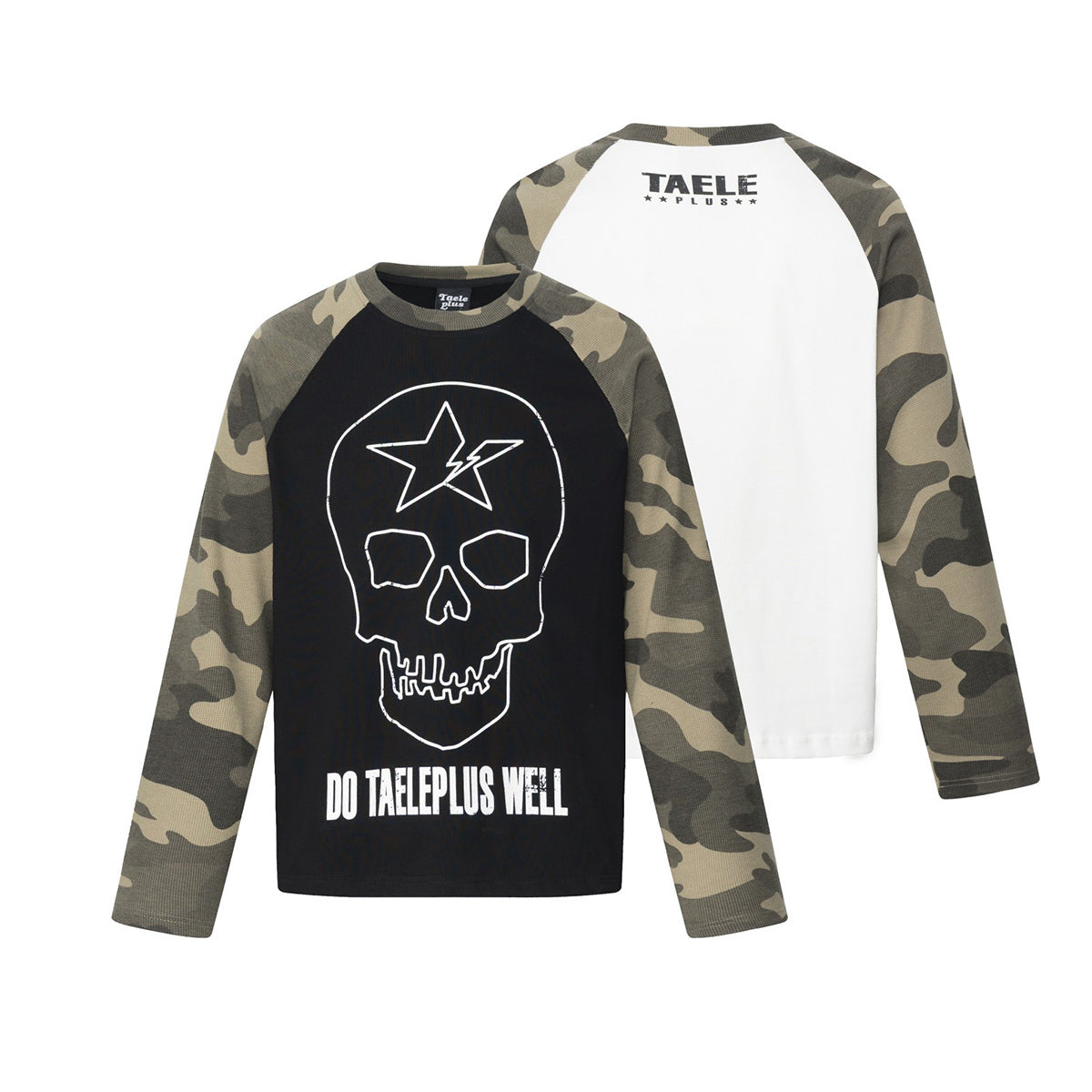 Camiseta raglán gótica de manga larga con camuflaje de calaveras — Camiseta streetwear de cuello redondo