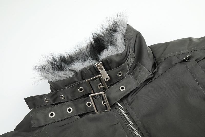 Military Napoleon Button Padded Jacket with Faux Fur Collar
