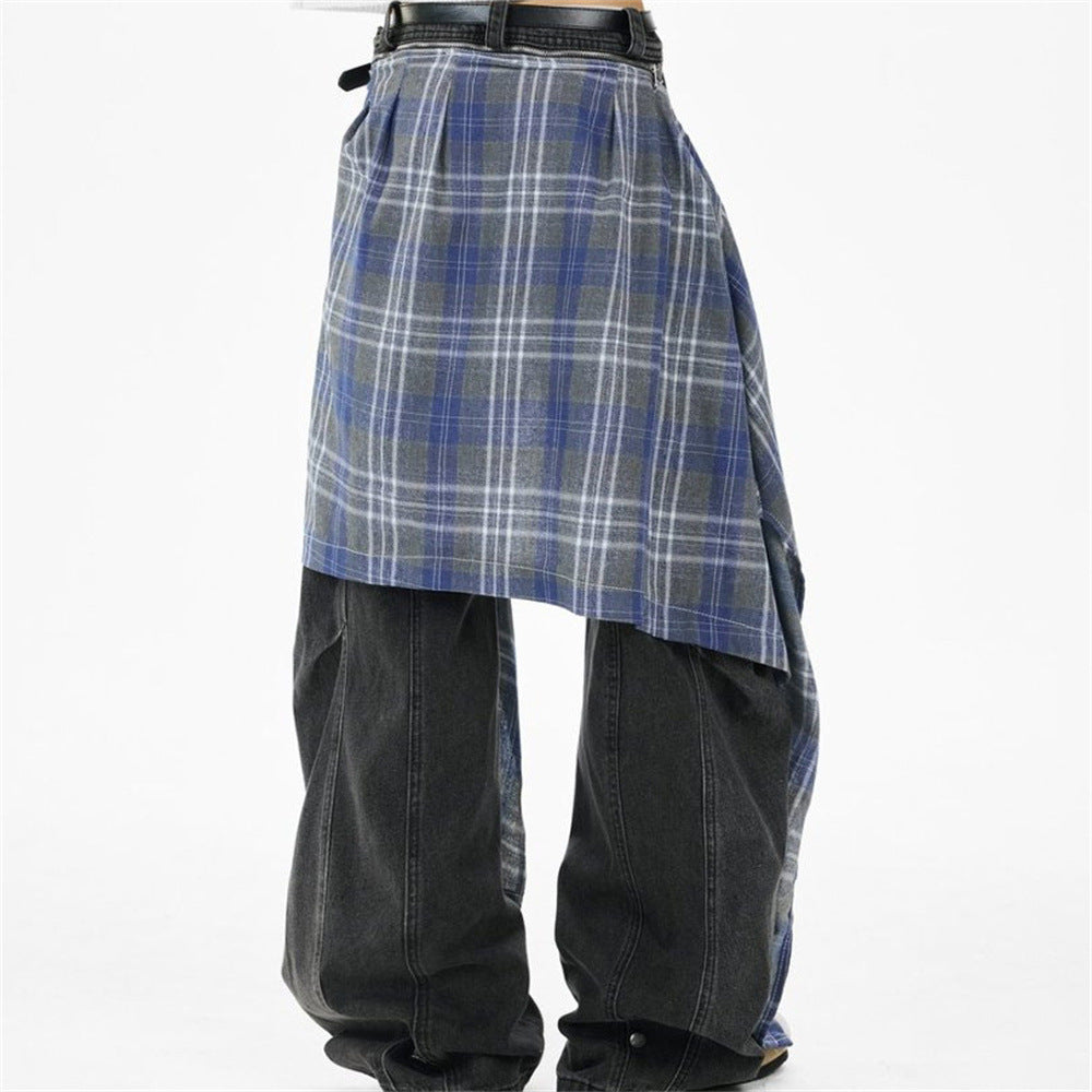 Wide-Leg Jeans with Detachable Plaid Skirt Overlay — Deconstructed Punk
