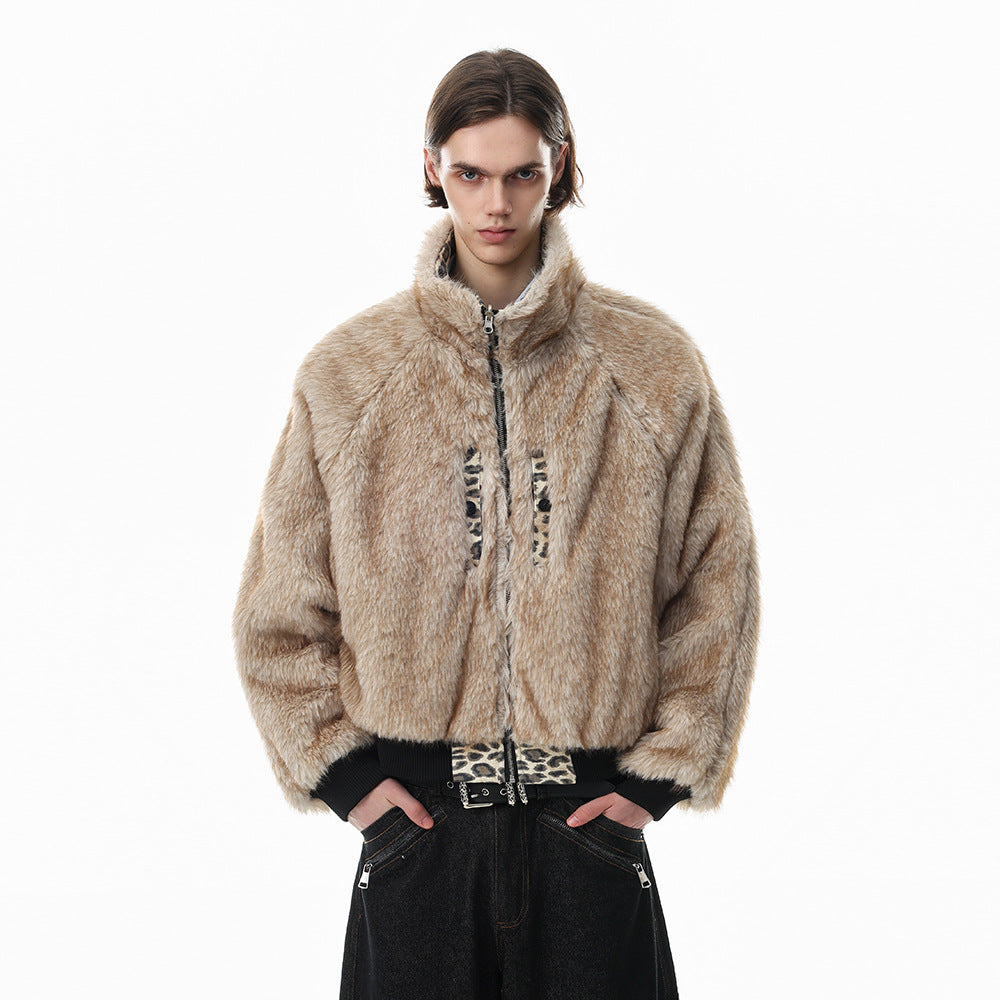 Reversible Faux Fur Leopard Print Bomber Jacket – Men's Oversized Stand Collar