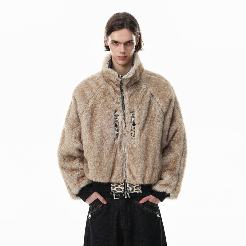 Reversible Faux Fur Leopard Print Bomber Jacket – Men's Oversized Stand Collar