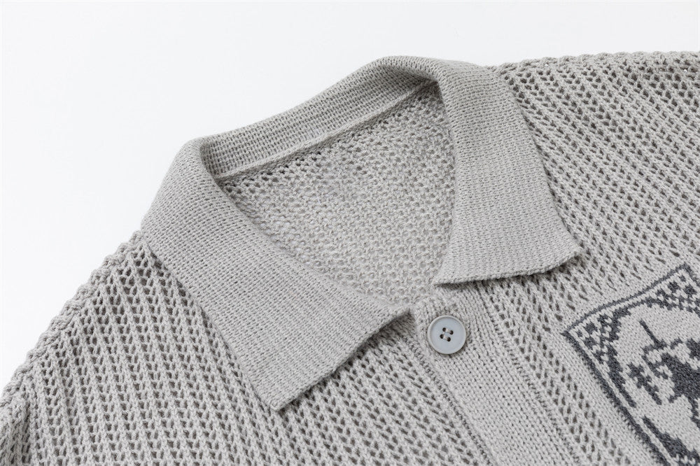 Jacquard Open-Knit Cardigan Sweater – Relaxed Fit with Graphic Tile Pattern