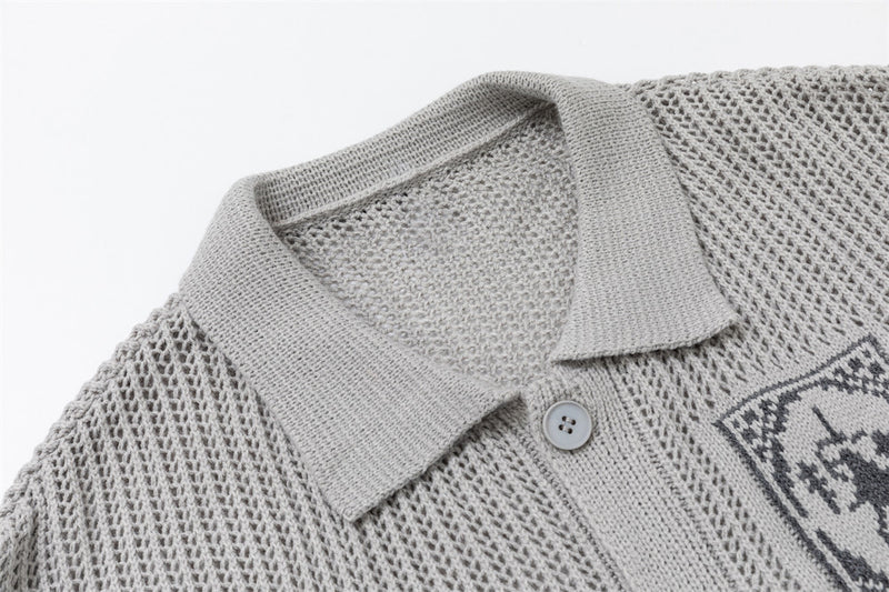 Jacquard Open-Knit Cardigan Sweater – Relaxed Fit with Graphic Tile Pattern