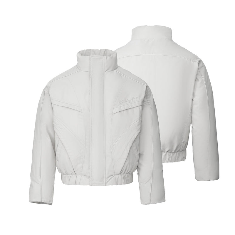 Men's Cropped Puffer Bomber Jacket – Stand Collar, Geometric Seam Detail