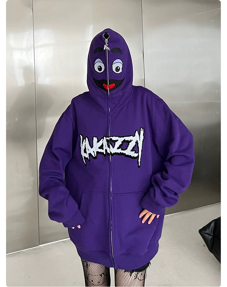 Fun Cartoon Face Hoodie - 400GSM Oversized Purple Zip-Up Streetwear Sweatshirt