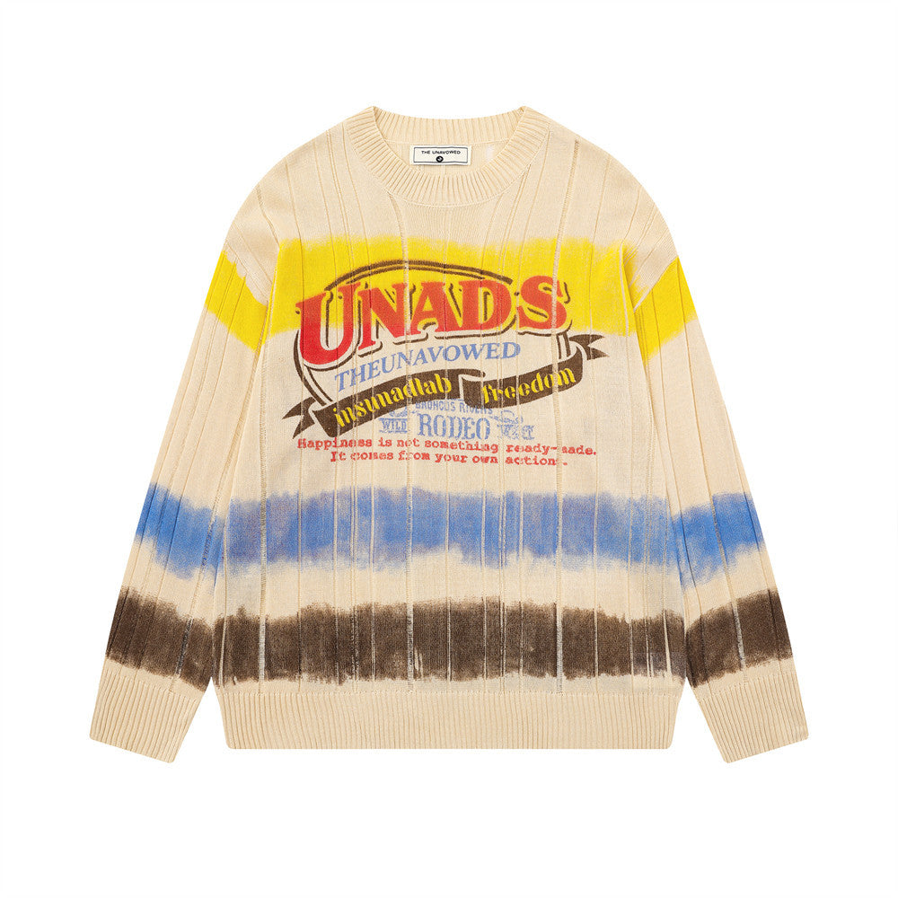 Pull ras-du-cou homme – Maille côtelée rayée tie-dye avec imprimé graphique