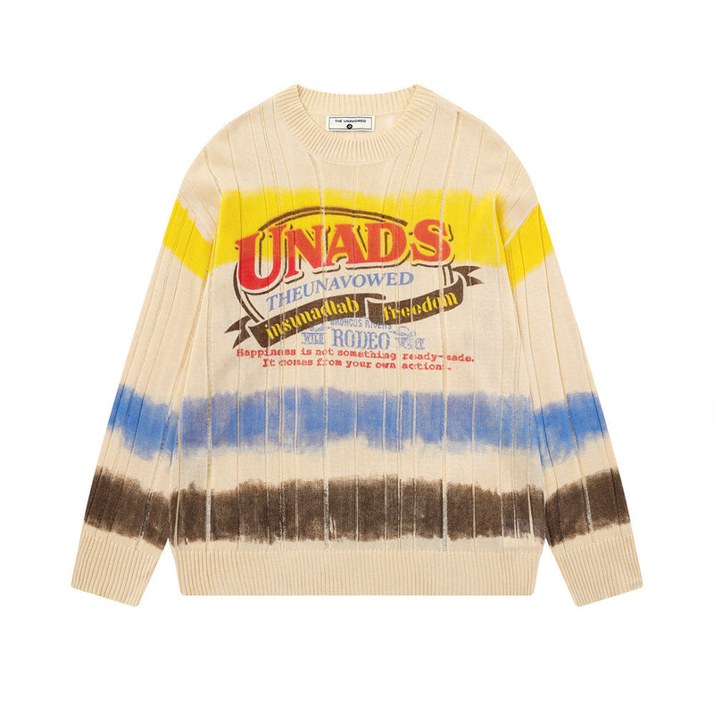 Pull ras-du-cou homme – Maille côtelée rayée tie-dye avec imprimé graphique