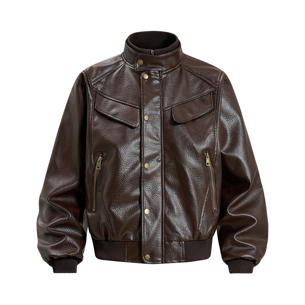 Men's Vintage Leather Bomber Jacket – Stand Collar PU Leather with Snap Buttons