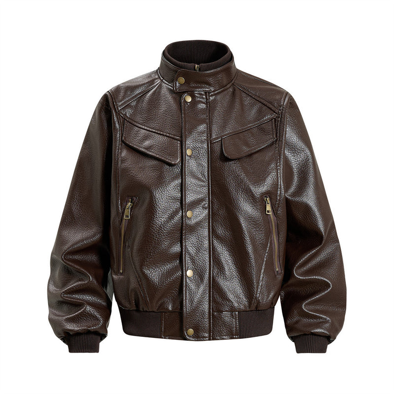 Men's Vintage Leather Bomber Jacket – Stand Collar PU Leather with Snap Buttons