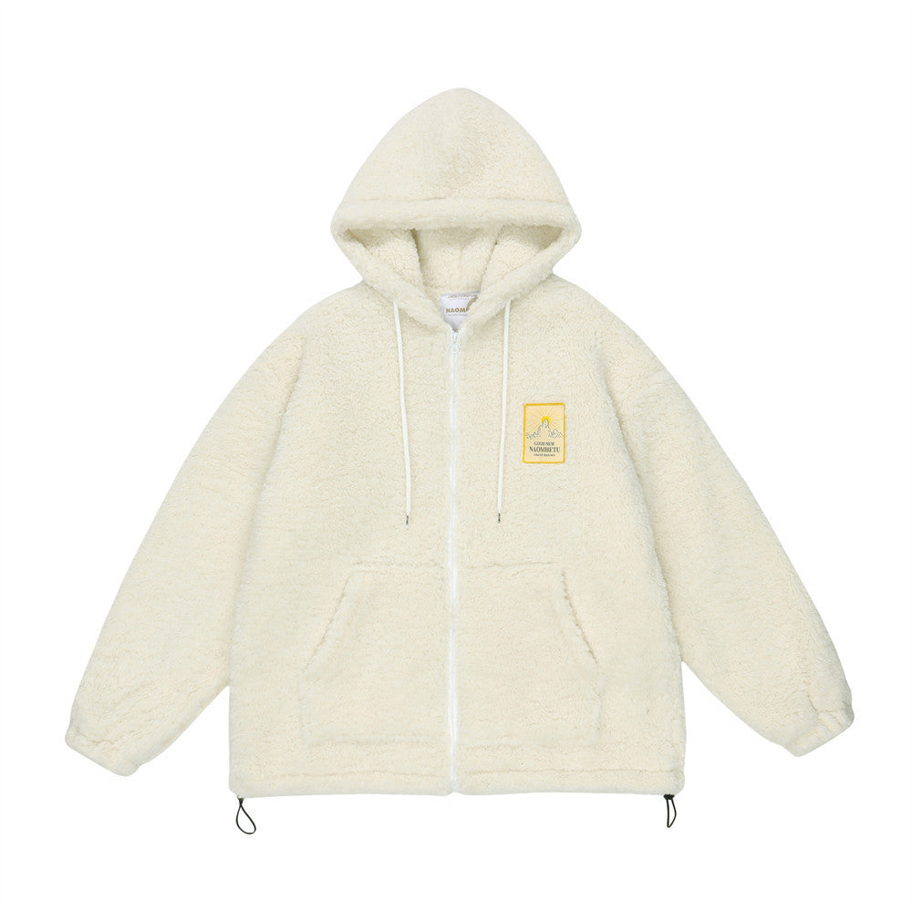 Sherpa-Fleece-Zip-Hoodie-Jacke mit Schriftgrafik auf dem Rücken und Tunnelzugsaum