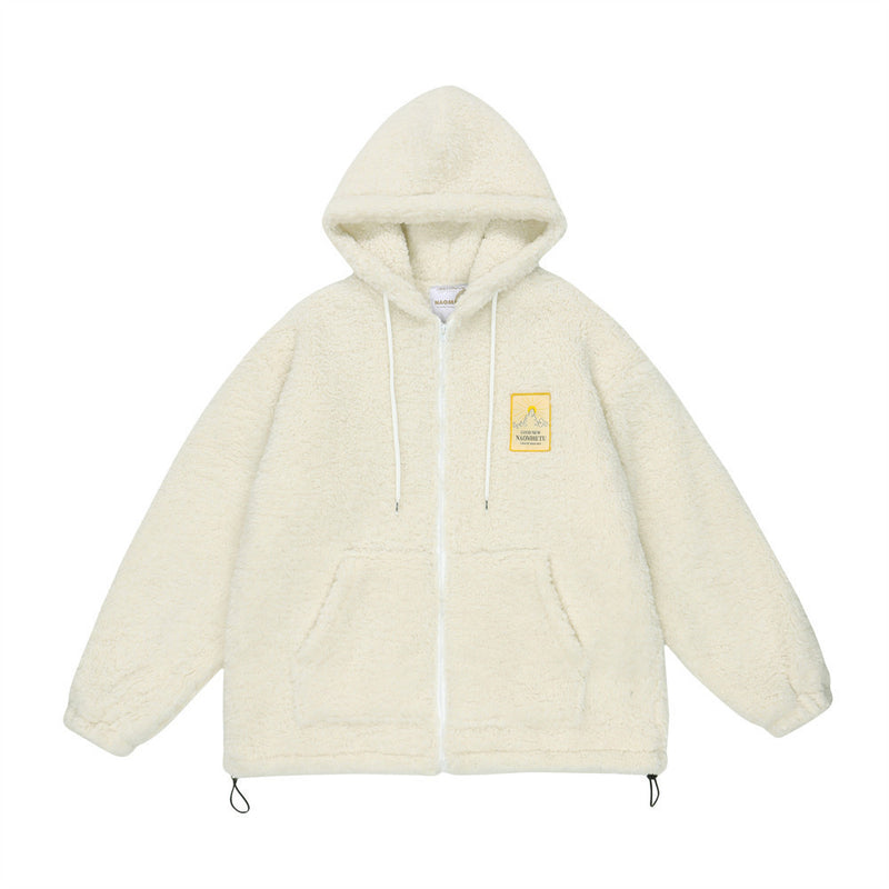 Sherpa-Fleece-Zip-Hoodie-Jacke mit Schriftgrafik auf dem Rücken und Tunnelzugsaum