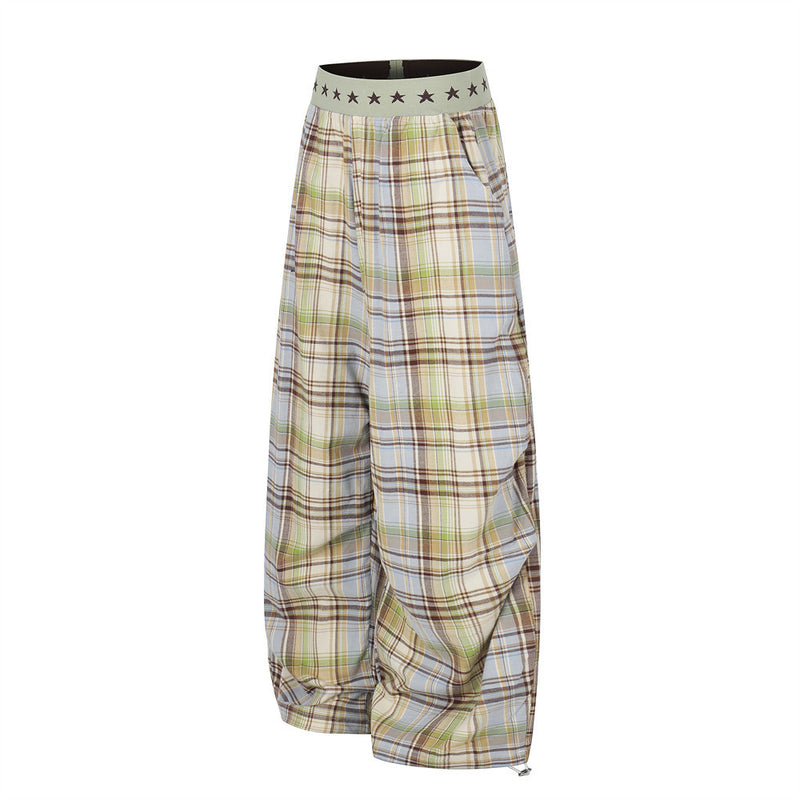Plaid Wide-Leg Parachute Pants with Elastic Star Waistband & Drawstring Hem