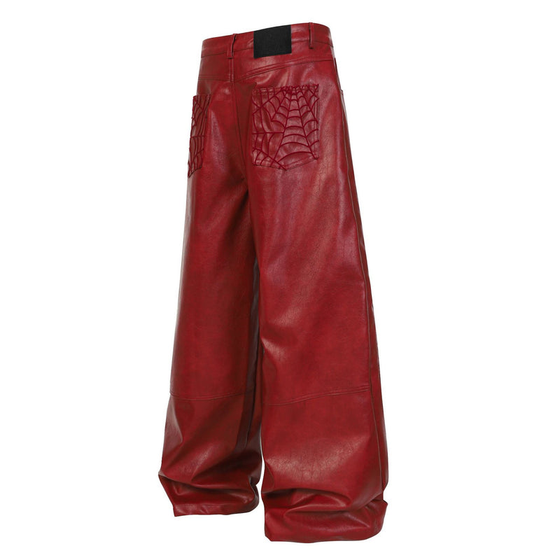 Wide-Leg Faux Leather Pants with Spiderweb Embossed Panels