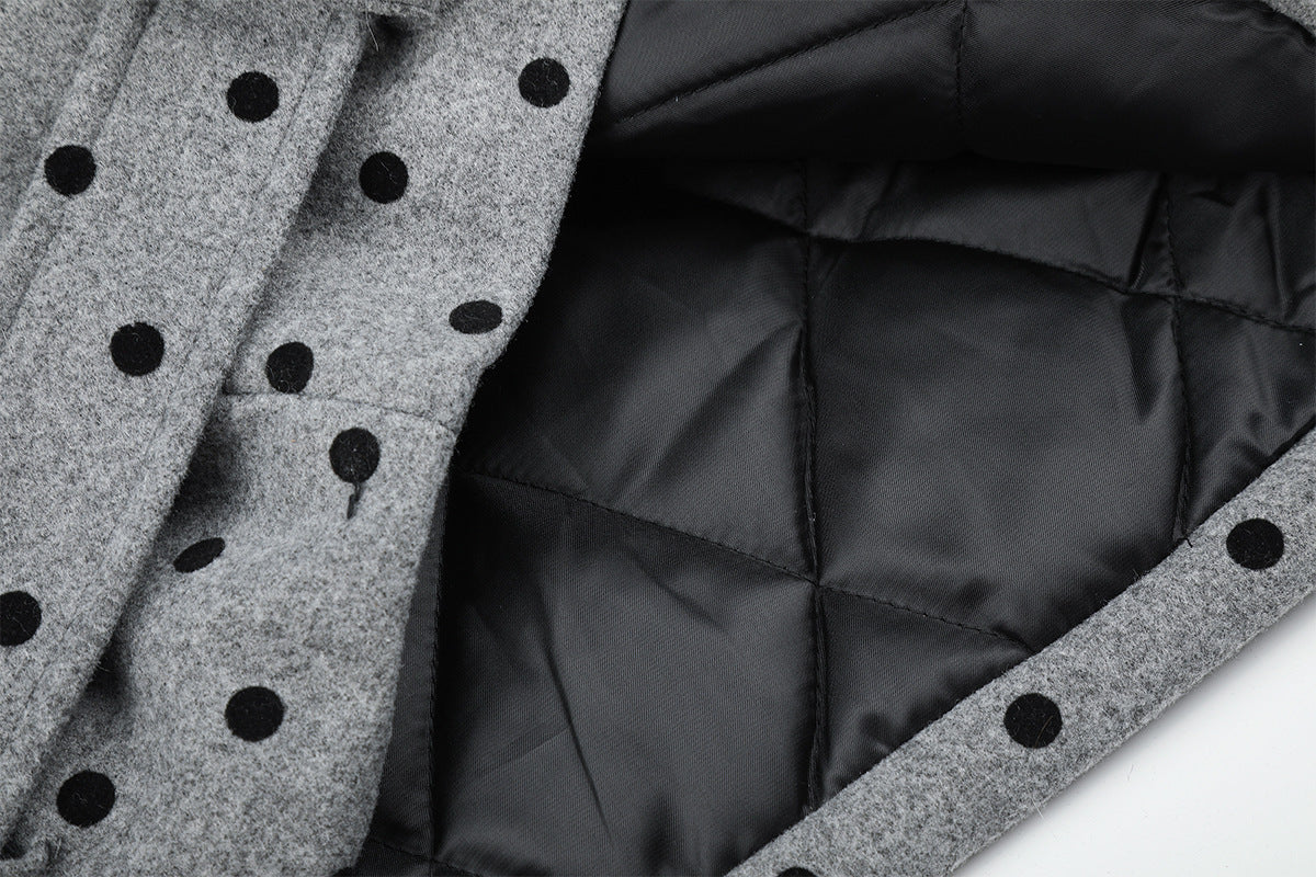 Polka Dot Wool-Blend Jacket with Faux Fur Collar – Oversized Retro Outerwear