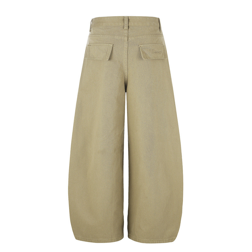 Wide-Leg Pleated Trousers – Curved Barrel Fit with Contrast Stitching