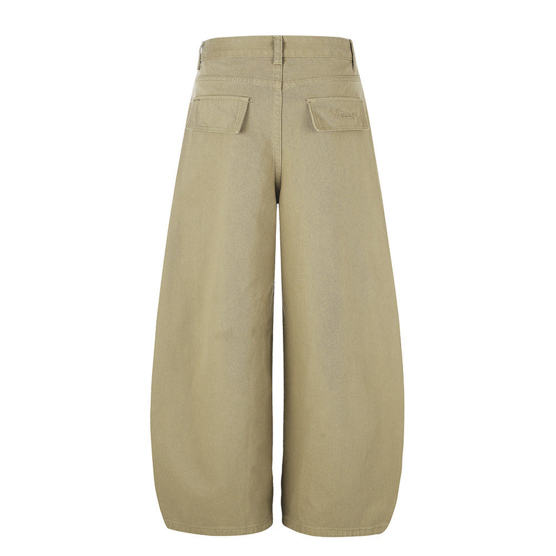 Wide-Leg Pleated Trousers – Curved Barrel Fit with Contrast Stitching