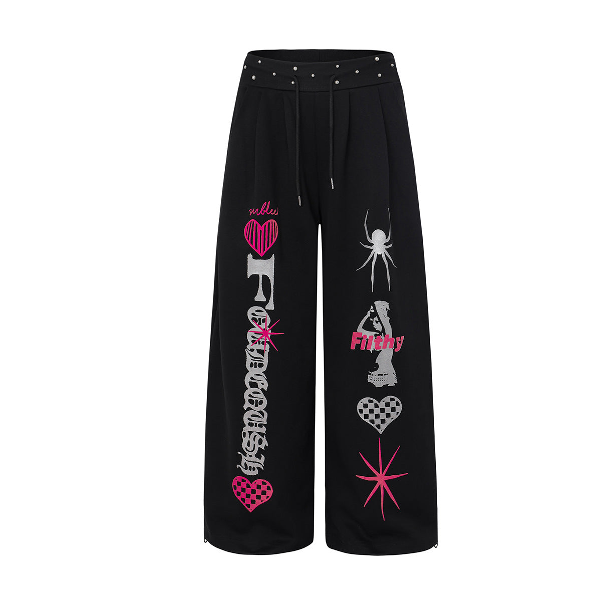 High-Waist-Streetwear-Hose mit weitem Bein und Grafikprint in Schwarz, mit pinken und silbernen Gothic-Spinnen- und Herzmotiven