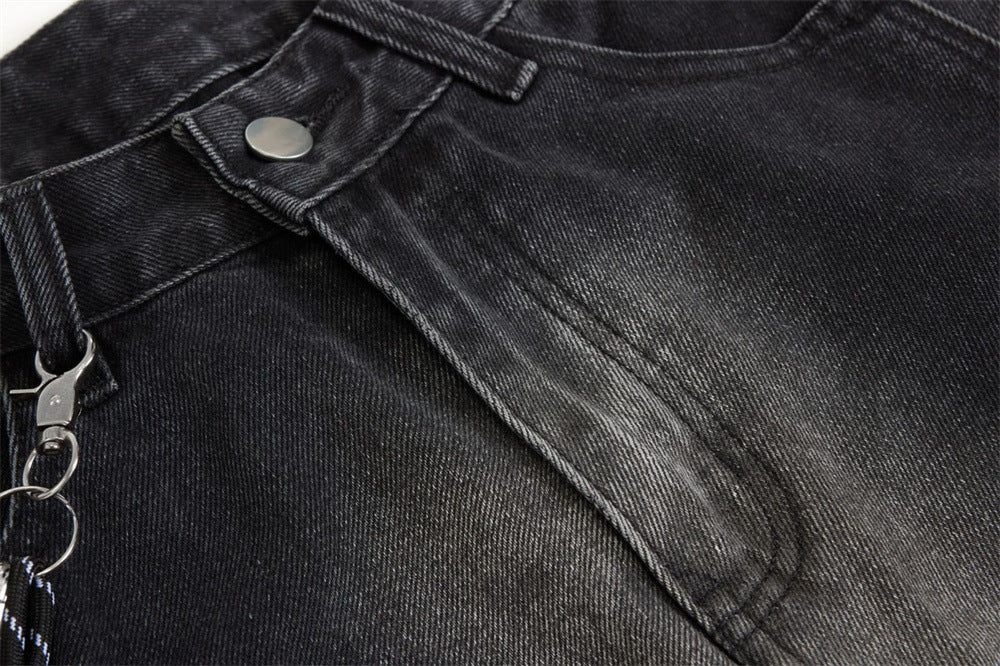 Wide-Leg Gradient Washed Jeans – Deconstructed Curved Seam Baggy Denim