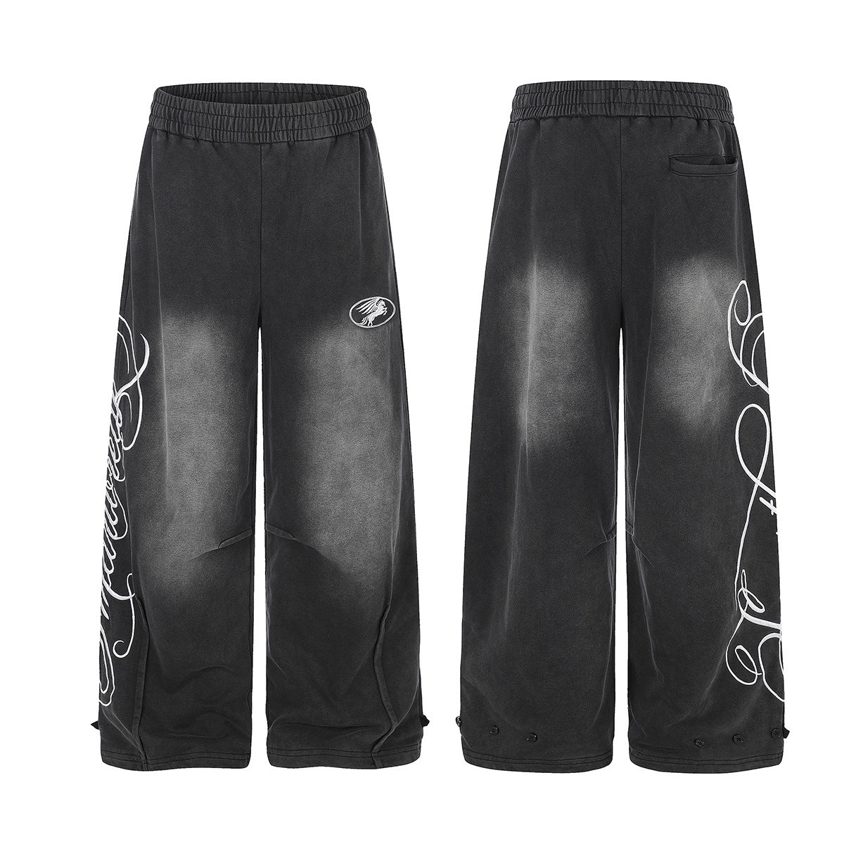 Pantalon de survêtement wide leg – Baggy streetwear américain noir délavé et brodé