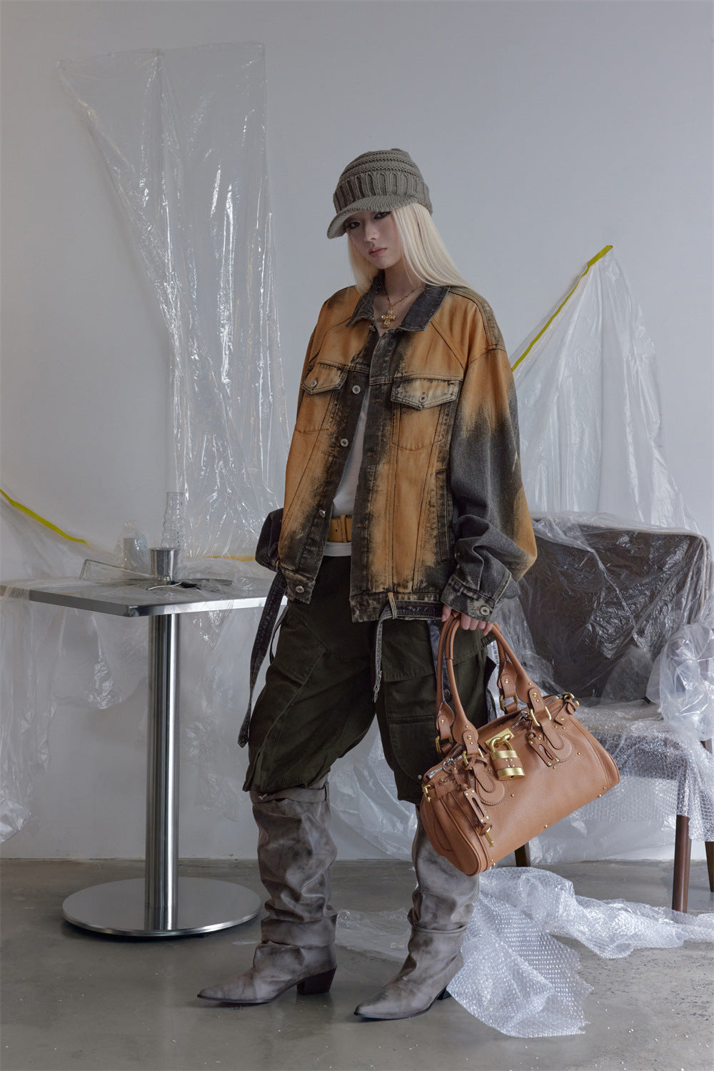 Oversized Acid-Wash Distressed Denim Jacket – Bleached Tie-Dye Punk Streetwear