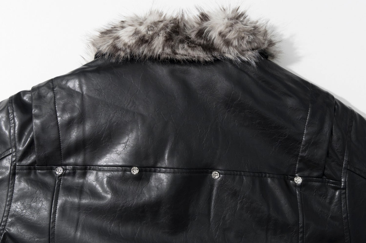 Black Faux Leather Biker Jacket with Faux Fur Collar & Lining