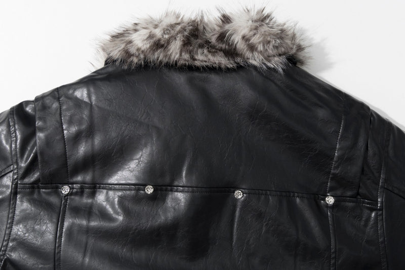 Black Faux Leather Biker Jacket with Faux Fur Collar & Lining