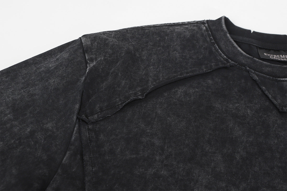 Pull homme gris à col rond – Délavé à l’acide, déstructuré, manches longues à bords bruts