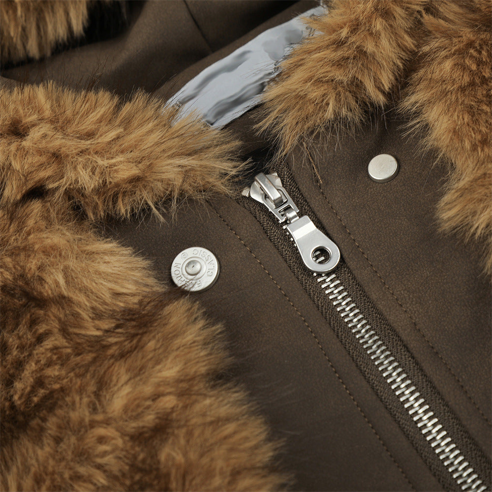Faux Fur Hooded Bomber Jacket – Brown Short-Cut Zip-Up with PU Leather Trim